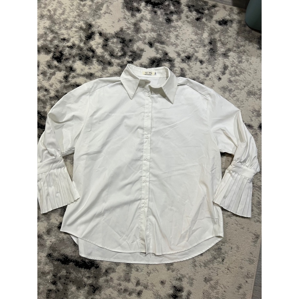 THE OPEN White Long Sleeve Pleated Cuff‎ Button Up Shirt Size M